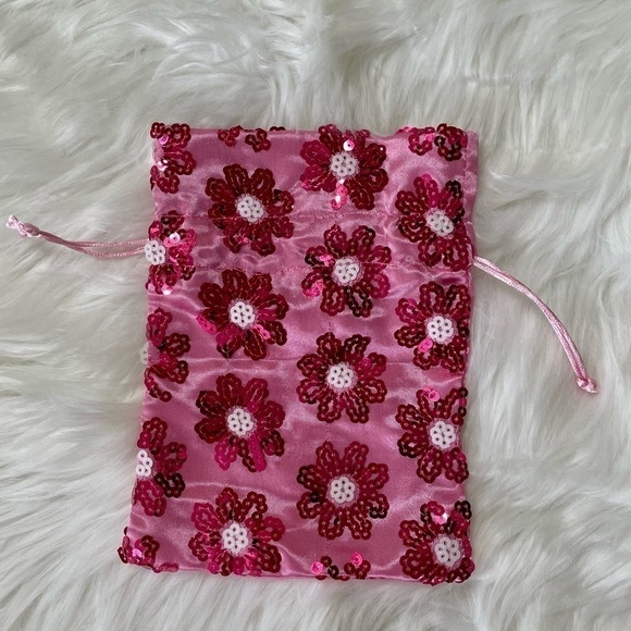 Pouch Pink Satin Sequin Drawstring Floral - Picture 9 of 9